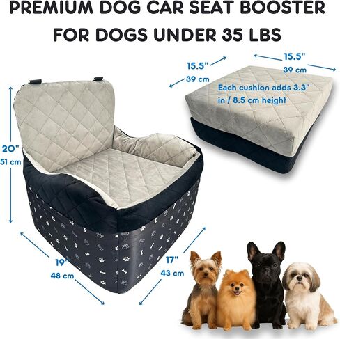 Small Dog Car Seat, Memory Foam Dog Booster Car Seats with Thick Cushion for Medium Dogs Under 35lbs, 3Storage Pockets with Zipper, 2 Safety Belts (Black, Regular) in Saudi Arabia