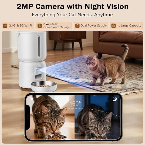 Automatic Cat Feeder with Camera, 4L Automatic Pet Feeder, Dual Power Supply, Programmable Cat Food Dispenser with 2MP Night Vision & Two-Way Audio for Cats and Small Dogs, Black in Saudi Arabia