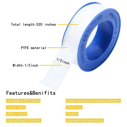 شريط سباك PTFE مقاس 780 بوصة لكل لفة (4 بكرات، إجمالي 3120 بوصة) - أطول بنسبة 50% من 520 بوصة قياسي - شريط ختم خيط التيفلون للأنابيب ورؤوس الدش وخراطيم الحدائق والسباكة in Kuwait