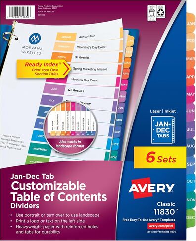 Avery Jan-Dec 12 فواصل علامات التبويب لـ 3 مجلدات حلقية، جدول محتويات قابل للتخصيص، علامات تبويب متعددة الألوان، 6 مجموعات (11830) in Kuwait