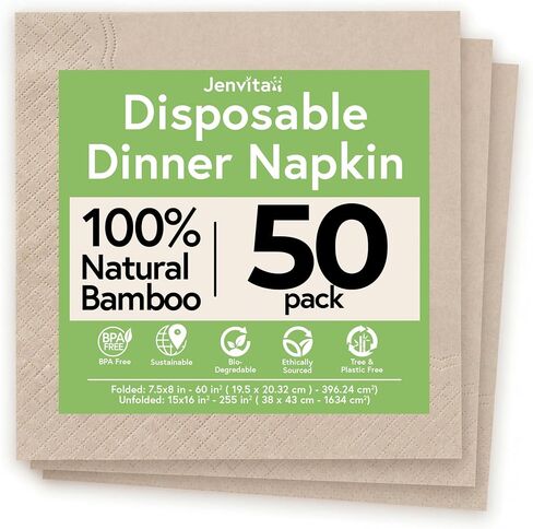 Jenvita Everyday 100% Bamboo Compostable Napkins Disposable 250-Pack | Table Napkins Disposable for Lunch, Dinner,Events & Entertaining | 2-Ply FSC Certified | Compostable Paper Towels | 6.5 x 6.5Inch in Kuwait