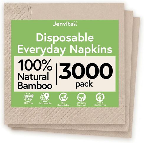 Jenvita Everyday 100% Bamboo Compostable Napkins Disposable 250-Pack | Table Napkins Disposable for Lunch, Dinner,Events & Entertaining | 2-Ply FSC Certified | Compostable Paper Towels | 6.5 x 6.5Inch in Kuwait
