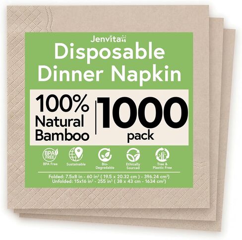 Jenvita Everyday 100% Bamboo Compostable Napkins Disposable 250-Pack | Table Napkins Disposable for Lunch, Dinner,Events & Entertaining | 2-Ply FSC Certified | Compostable Paper Towels | 6.5 x 6.5Inch in Kuwait