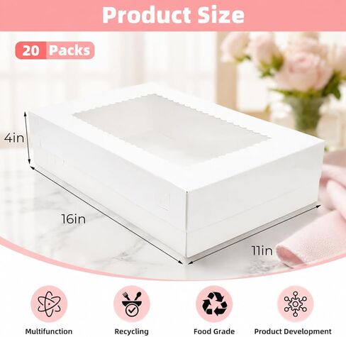 20 Pieces 16x11x4 Inch Cake Boxes, White Rectangular Sheet Cake Boxes with Window, Large Paperboard Container for Cookies Pastry Baking Donuts Cupcake Pie Packaging in Kuwait