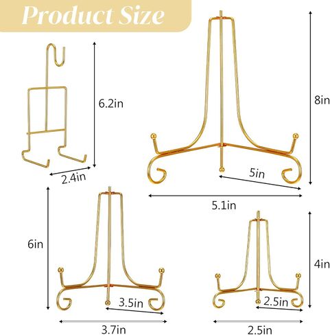 6 Pcs 3 Size Gold Plate Stands for Display, 4 6 8 Inch Plate Holder & 6-Cup and Saucer Display Stand for Displaying Picture Frames, Book, Card, Bowl, Decorative Plates in Kuwait