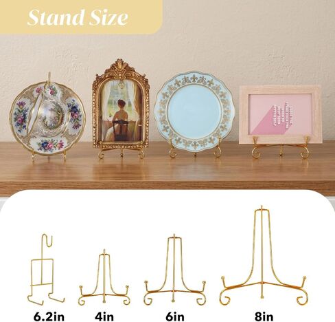 6 Pcs 3 Size Gold Plate Stands for Display, 4 6 8 Inch Plate Holder & 6-Cup and Saucer Display Stand for Displaying Picture Frames, Book, Card, Bowl, Decorative Plates in Kuwait