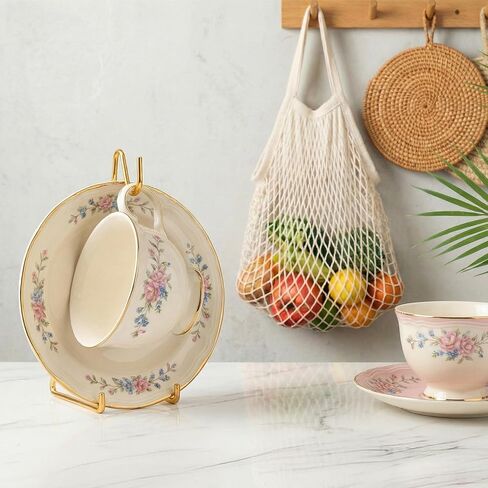 6 Pcs 3 Size Gold Plate Stands for Display, 4 6 8 Inch Plate Holder & 6-Cup and Saucer Display Stand for Displaying Picture Frames, Book, Card, Bowl, Decorative Plates in Kuwait