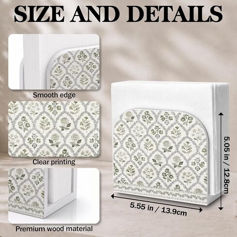 Vintage Floral Napkin Holder for Table, Cottagecore Botanical Flower Diamond Plaid Wooden Standing Napkin Dispenser Holder for Kitchen Dining Room Party Cocktail Bar Decor in Kuwait