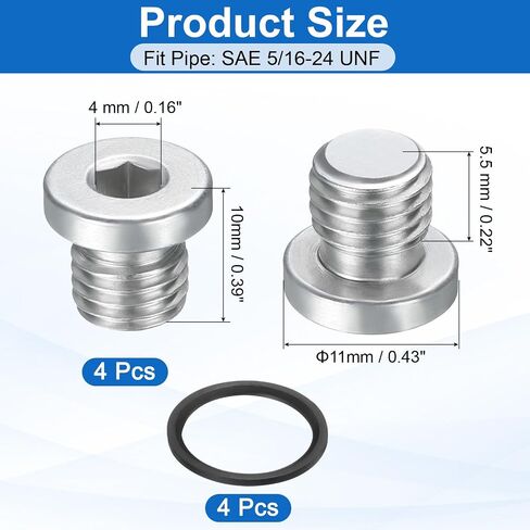 Generic 4 قطع SAE 5/16-24 UNF قابس تركيب الأنابيب ذات الرأس السداسي الداخلي، قابس مقبس خيط من الصلب الكربوني العالمي مع حلقة على شكل O لإنهاء نهايات الأنابيب أو المصارف البديلة in Kuwait