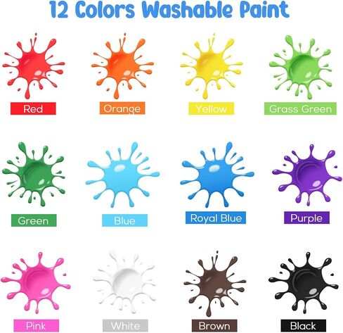 ABEIER Washable Kids Paint, Safe Non-Toxic Finger Paint, 12 Vibrant Colors(2 fl oz) with 3 Paint Brushes, Mess-Free Arts & Crafts Supplies for Toddlers & Grandkids, Ages 3, 4, 5 in Saudi Arabia