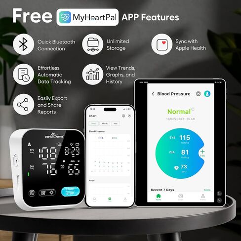 جهاز قياس ضغط الدم للاستخدام المنزلي - جهاز قياس ضغط الدم الذكي Easy@Home مع تطبيق MyHeartPal المجاني، وسوار XL تلقائي لضغط الدم، وشاشة LED ووظيفة صوتية، يدعم أجهزة Apple وAndroid | إب-703ت in Kuwait