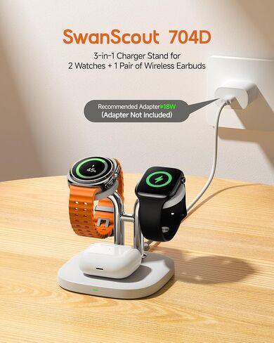 حامل شاحن ساعة SwanScout المزدوج، الجانب الأيسر فقط لساعة Samsung Watch 8/8 Classic/Ultra/7/6/6 Classic/5 Pro/5/4، الجانب الأيمن فقط لساعة Apple 11/9/8/7/6/Ultra 3/SE 3، SwanScout 704D (أسود) in Kuwait
