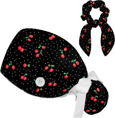 Scrub Caps Women Ponytail, Fruit Berry Surgical Caps with Bouffant Scrunchie, Adjustable Scrub Hats for Nurse Long Hair in Kuwait