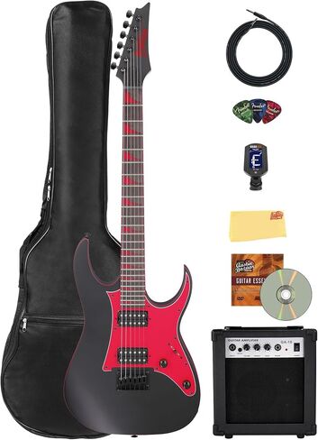 جيتار كهربائي Ibanez GRG131DX RG Gio - حزمة مسطحة سوداء مع أمبير، وحقيبة أزعج، وموالف، وكابل الآلات، واللقطات، وأقراص DVD التعليمية لأوستن بازار، وقماش تلميع in Kuwait
