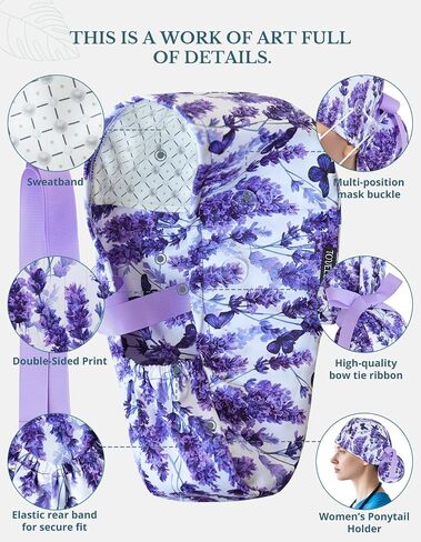 Scrub Caps Women Ponytail – Lavender Butterfly Double-Sided Printed Surgical Hat with Buttons and Sweatband, Soft Nurse Cap for Long Hair, Helps Reduce Static Buildup in Kuwait