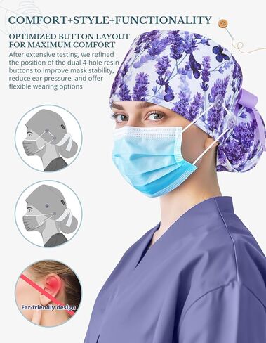 Scrub Caps Women Ponytail – Lavender Butterfly Double-Sided Printed Surgical Hat with Buttons and Sweatband, Soft Nurse Cap for Long Hair, Helps Reduce Static Buildup in Kuwait