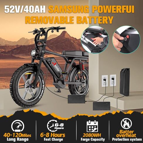 Electric Bike for Adults, 52V 40Ah Battery Peak 2000W Motor 35MPH, 50-180 Miles, 20" Fat Tire Dirt Bicycle Dual Suspension All Terrain Motorcycle, Moped Style Ebike for Mountains Snow Sand Road in Kuwait