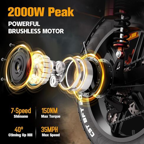 Electric Bike for Adults, 52V 40Ah Battery Peak 2000W Motor 35MPH, 50-180 Miles, 20" Fat Tire Dirt Bicycle Dual Suspension All Terrain Motorcycle, Moped Style Ebike for Mountains Snow Sand Road in Kuwait