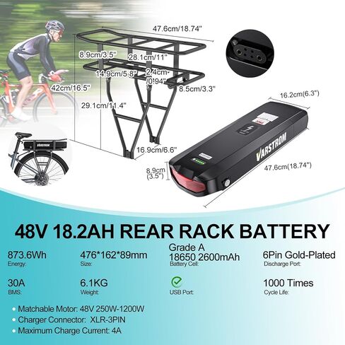 48V 17.5Ah Rear Rack Ebike Battery - Lithium Ion Bike Battery for 0-1200W Electric Bike Motor Kit, for BAFANG Voilamart AW Ebikeling Pexmor L-Fater E-Bike Conversion Kit - W/Charger & Rack in Kuwait