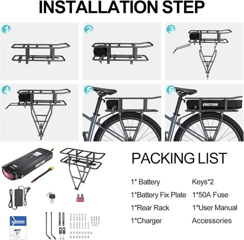 48V 17.5Ah Rear Rack Ebike Battery - Lithium Ion Bike Battery for 0-1200W Electric Bike Motor Kit, for BAFANG Voilamart AW Ebikeling Pexmor L-Fater E-Bike Conversion Kit - W/Charger & Rack in Kuwait