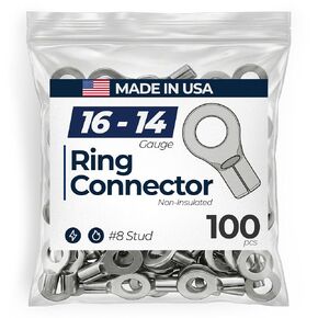 100 Pack - High Temp Non-Insulated Ring Connector 16-14 Gauge #8 Stud - 600 Volts Rated Nickel-Plated Steel & V-Grooves Serrations for Strong Crimps - Made in USA in Saudi Arabia