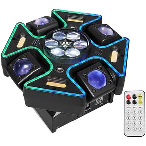 MINGJIE 4 Arm Moving Head DJ Lights, 150W RGBW LED Stage Lighting with Strobe & Bee-Eye Effect, Red/Green Starlight, DMX512,Remote Control,Sound Activated, 540°Rotation for Parties,Clubs,Disco,Bar in Kuwait