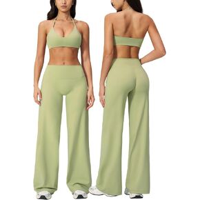 AGYMNX Workout Sets for Women 2 Piece Halter Sport Bra Cami Top Butt-lifting Flare Leggings with Pockets Active Outfits in Kuwait