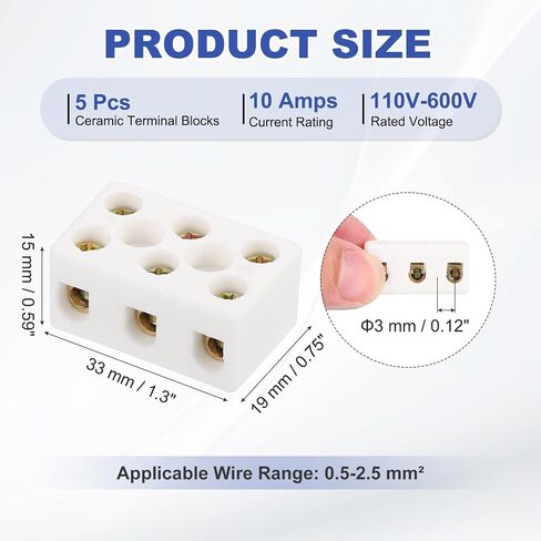 MECCANIXITY 5 Pcs 3 Way Ceramics Terminal Blocks, 15A 110V-600V High Temp Porcelain Ceramic Electrical Connectors with Brass Conductors 33x19x15 mm for Electric Wire Cable in Kuwait