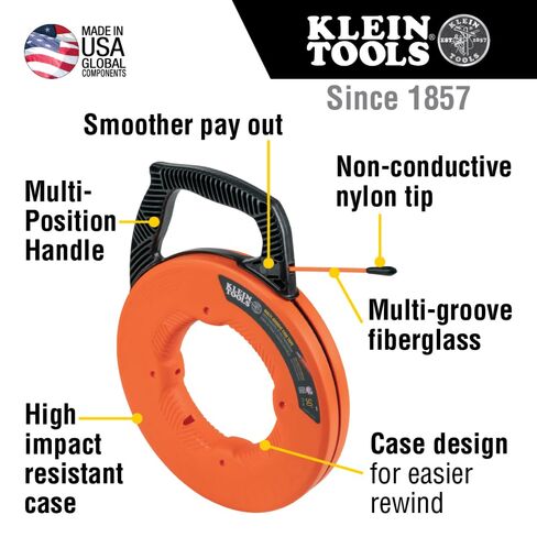 شريط سمكة كهربائي غير موصل 56383 من Klein Tools، ساحبة أسلاك من الألياف الزجاجية متعددة الأخدود، طرف من النايلون، غطاء ومقبض محسن، 100 قدم in Kuwait