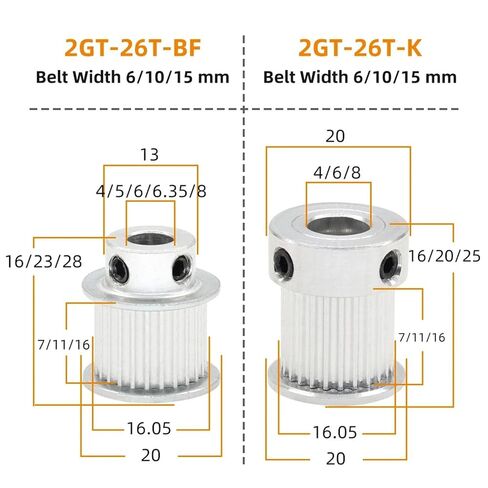 26T 28T GT2 Pulley Circle-arc Tooth Bore 4/5/6/6.35/7/8mm Width 6/10/15mm 26Teeth 28Teeth 1Pcs(6 mm - BF Shape,2pcs,28T-Belt Width 6mm) in Kuwait