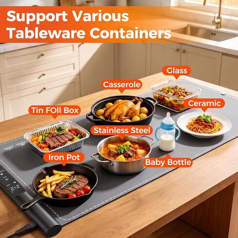 Warming Mat for Food Extra Large 39.5"x16", 550W Food Warming Mat for Countertop with One-Touch Warm Dishes Mode, 7 Temp & 8H Timer, Child Lock Electric Portable Food Warmers for Parties Buffet in Kuwait