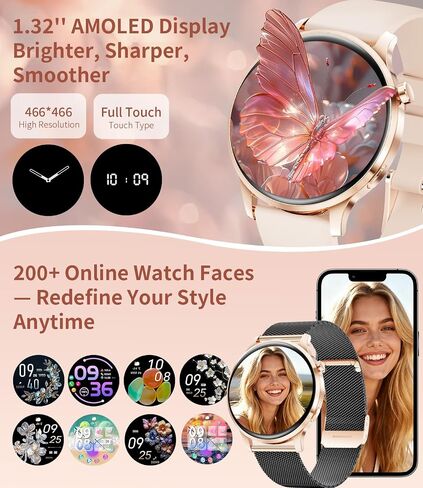 ساعة ذكية SUNKTA للنساء (الرد/إجراء المكالمات)، ساعة ذكية بشاشة Amoled مقاس 1.32 بوصة مع معدل ضربات القلب، متتبع كلوريس أكثر من 100 وضع رياضي، ساعة ذكية للوجه للنساء لنظام Android iOS فضي بحزامين in Kuwait