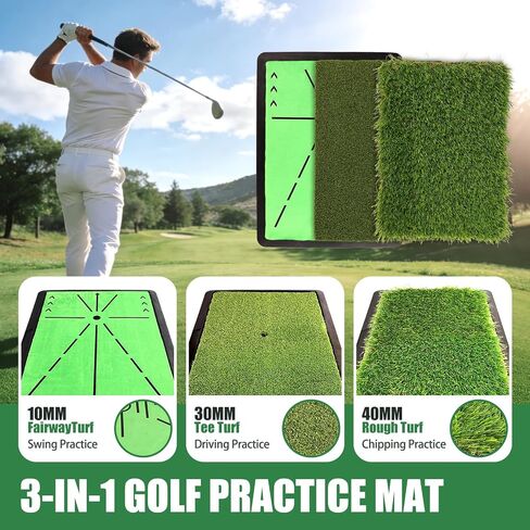 3 in 1 Golf Hitting Mats Training Equipment, Golf Practice Mat with Instant Swing Path Feedback, No-Slip Heavy Duty Rubber Base with 3 Replaceable Golf Training Mats in Kuwait