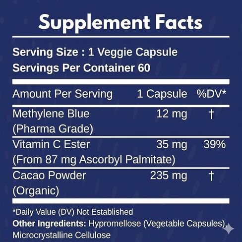 AROMEL Blue Gold Boost | USP Grade Methylene Blue Capsules with Vitamin C Ester & Organic Cacao Powder | Enhanced Absorption Nootropic Supplement for Cellular Energy | 60 Capsules in Kuwait