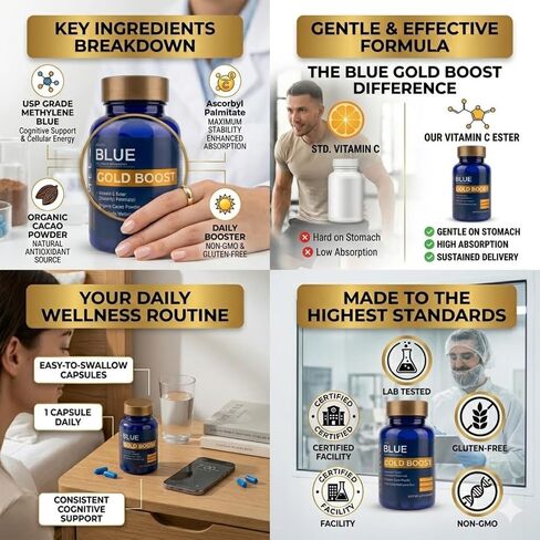 AROMEL Blue Gold Boost | USP Grade Methylene Blue Capsules with Vitamin C Ester & Organic Cacao Powder | Enhanced Absorption Nootropic Supplement for Cellular Energy | 60 Capsules in Kuwait