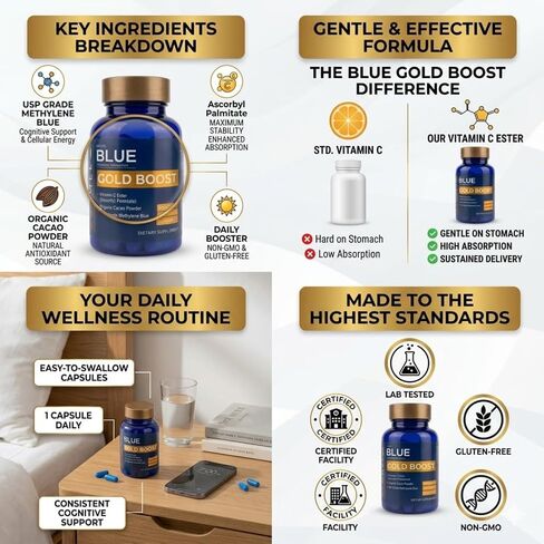 AROMEL Blue Gold Boost | USP Grade Methylene Blue Capsules with Vitamin C Ester & Organic Cacao Powder | Enhanced Absorption Nootropic Supplement for Cellular Energy | 60 Capsules in Kuwait