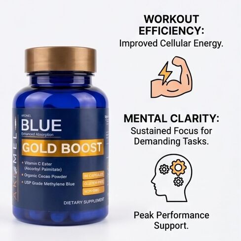 AROMEL Blue Gold Boost | USP Grade Methylene Blue Capsules with Vitamin C Ester & Organic Cacao Powder | Enhanced Absorption Nootropic Supplement for Cellular Energy | 60 Capsules in Kuwait