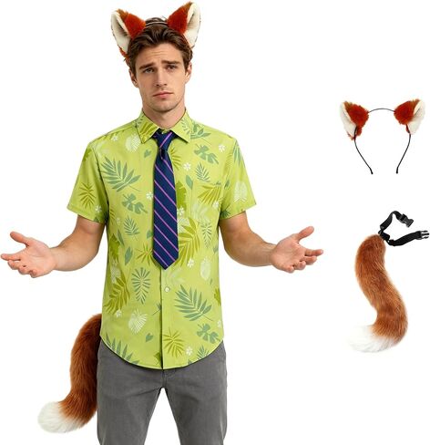 Mens Nick Wilde Costume Shirt Tie Plush Ear Tail Hawaiian Printed T-Shirt Halloween Party Fox Outfit in Saudi Arabia