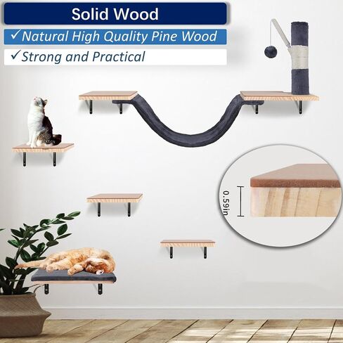 Cat Wall Shelves, Solid Wood Cat Wall Furniture Set, with Cats Bed, Hammock, Felt Ladder, Sisal Scratching Post & Ball (Beige) in Kuwait