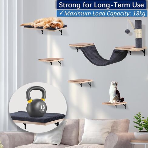 Cat Wall Shelves, Solid Wood Cat Wall Furniture Set, with Cats Bed, Hammock, Felt Ladder, Sisal Scratching Post & Ball (Beige) in Kuwait