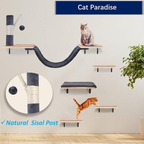 Cat Wall Shelves, Solid Wood Cat Wall Furniture Set, with Cats Bed, Hammock, Felt Ladder, Sisal Scratching Post & Ball (Beige) in Kuwait