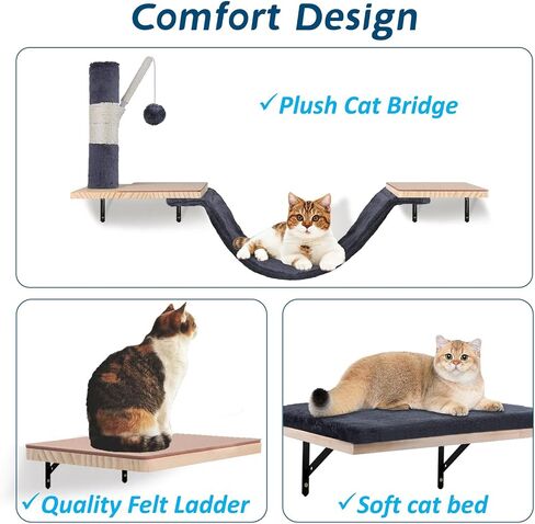 Cat Wall Shelves, Solid Wood Cat Wall Furniture Set, with Cats Bed, Hammock, Felt Ladder, Sisal Scratching Post & Ball (Beige) in Kuwait