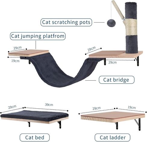 Cat Wall Shelves, Solid Wood Cat Wall Furniture Set, with Cats Bed, Hammock, Felt Ladder, Sisal Scratching Post & Ball (Beige) in Kuwait