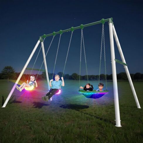 Sportspower Matterhorn LED 9.5FT Metal Swing Set for Kids and Adults with Light-Up Swings & Saucer, 600 lbs Capacity, Heavy Duty Outdoor Nighttime Playset with A-Frame & Industrial Clamp System in Kuwait