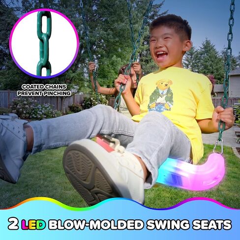 Sportspower Matterhorn LED 9.5FT Metal Swing Set for Kids and Adults with Light-Up Swings & Saucer, 600 lbs Capacity, Heavy Duty Outdoor Nighttime Playset with A-Frame & Industrial Clamp System in Kuwait