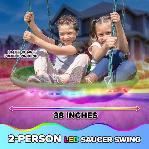 Sportspower Matterhorn LED 9.5FT Metal Swing Set for Kids and Adults with Light-Up Swings & Saucer, 600 lbs Capacity, Heavy Duty Outdoor Nighttime Playset with A-Frame & Industrial Clamp System in Kuwait