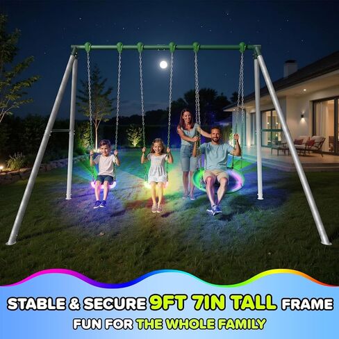 Sportspower Matterhorn LED 9.5FT Metal Swing Set for Kids and Adults with Light-Up Swings & Saucer, 600 lbs Capacity, Heavy Duty Outdoor Nighttime Playset with A-Frame & Industrial Clamp System in Kuwait