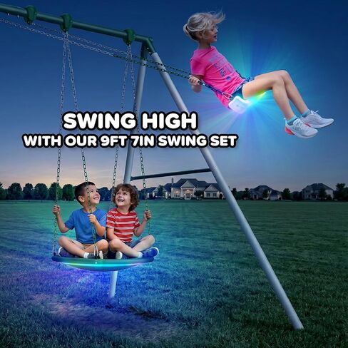 Sportspower Matterhorn LED 9.5FT Metal Swing Set for Kids and Adults with Light-Up Swings & Saucer, 600 lbs Capacity, Heavy Duty Outdoor Nighttime Playset with A-Frame & Industrial Clamp System in Kuwait