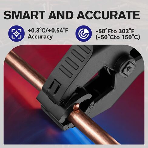 WISSCOOL HVAC Temp Clamp على مسبار درجة الحرارة اللاسلكي | مقياس حرارة أنبوبي عالي الدقة لأنظمة التبريد والتكييف، يتراوح من -58 درجة فهرنهايت إلى 302 درجة فهرنهايت، شاشة LCD مع إضاءة خلفية in Saudi Arabia