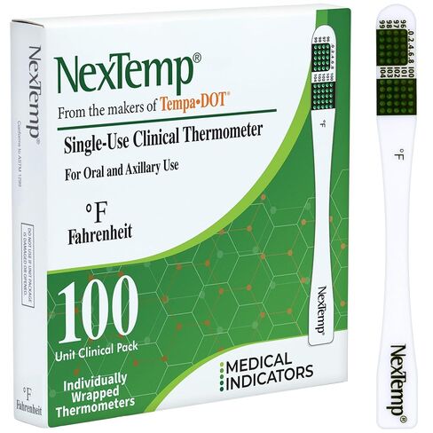 مقياس حرارة NexTemp للاستعمال مرة واحدة (100 عبوة، فهرنهايت) - مقياس حرارة عن طريق الفم للبالغين، استخدام فردي، خالي من البطاريات، صحي، قراءات دقيقة في دقيقة واحدة، للمنزل والعيادة والسفر in Kuwait